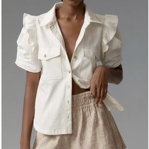 NWT Pilcro for Anthropologie Ozzi Ruffle Sleeve Buttondown Shirt White S SOLDOUT